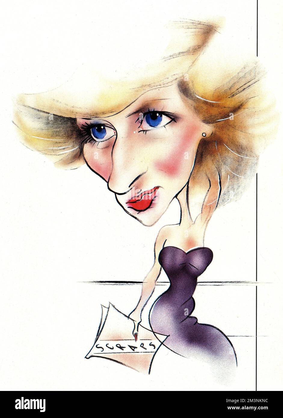 Diana, Prinzessin von Wales (1960 - 1997), in Karikatur, die glamourös aussieht mit ihren bewegten Haaren, dem trägerlosen Abendkleid und einem Schrottbuch, zweifellos voller Schnitte über sie. Stockfoto