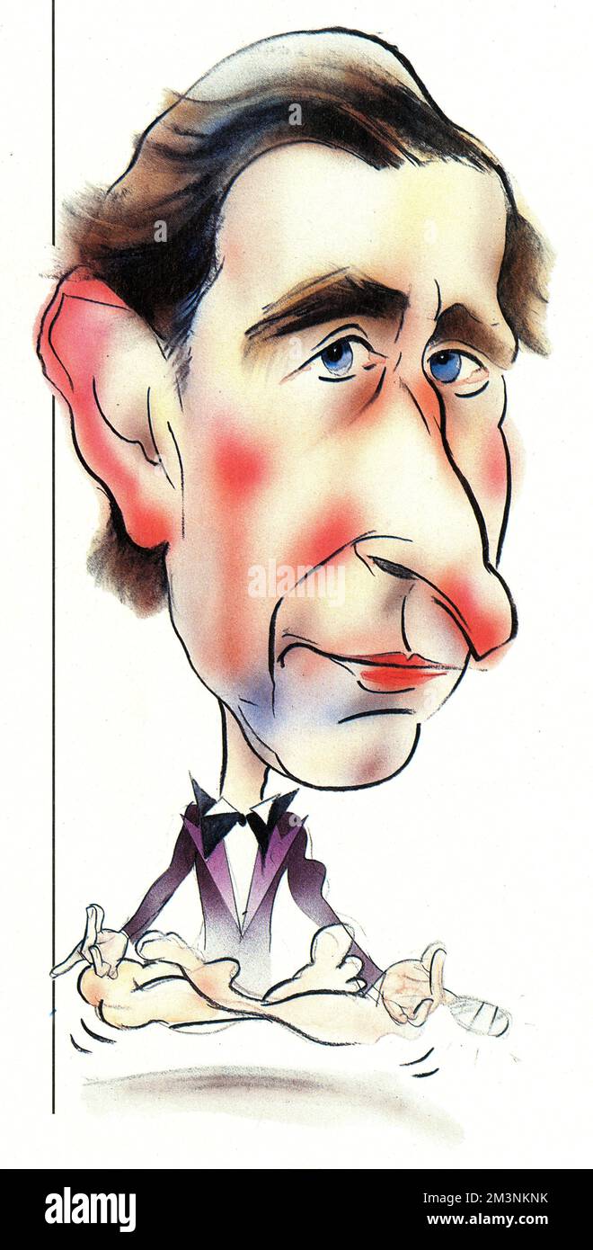 Prinz Charles, Prinz von Wales (geboren 1948), gefangen in Karikaturschweben, vielleicht ein Hinweis auf seine gelegentlich exzentrische Natur. Stockfoto