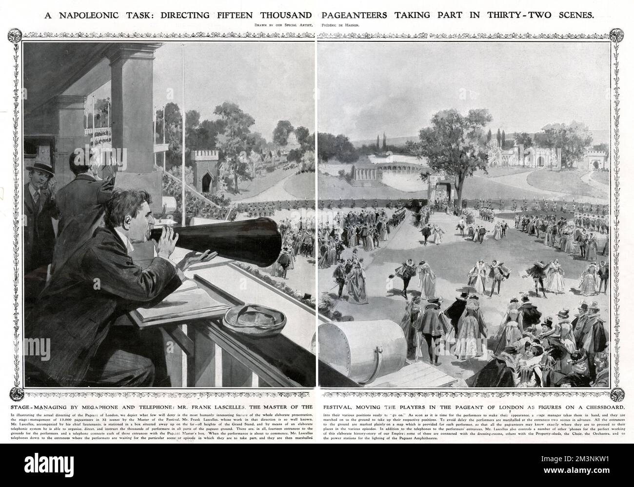 Frank Lascelles, der Meister des Empire Festivals am Crystal Palace, leitet 15.000 Pageanteers, die an 32 Szenen des Londoner Pageant teilnehmen. Herr Lascelles führt die Bühne mit einem Megafon. Datum: 1911 Stockfoto