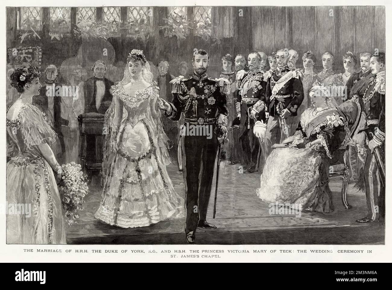 Die Hochzeitszeremonie von George Duke of York (später König George V) (1865-1936) und Prinzessin May of Teck (später Herzogin von York, dann Königin Mary) (1867-1953) in der Kapelle Royal, St. James's Palace. Königin Victoria sieht die Zeremonie mit Zustimmung von ihrem Sitz aus. Stockfoto