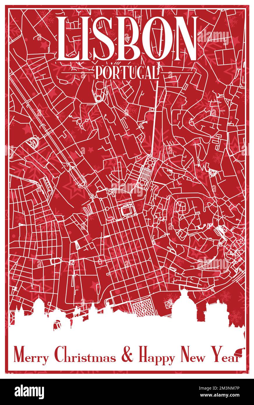 Rote, handgezeichnete Weihnachtspostkarte mit markanter Skyline und Schriftzug aus dem Stadtzentrum VON LISSABON, PORTUGAL Stock Vektor