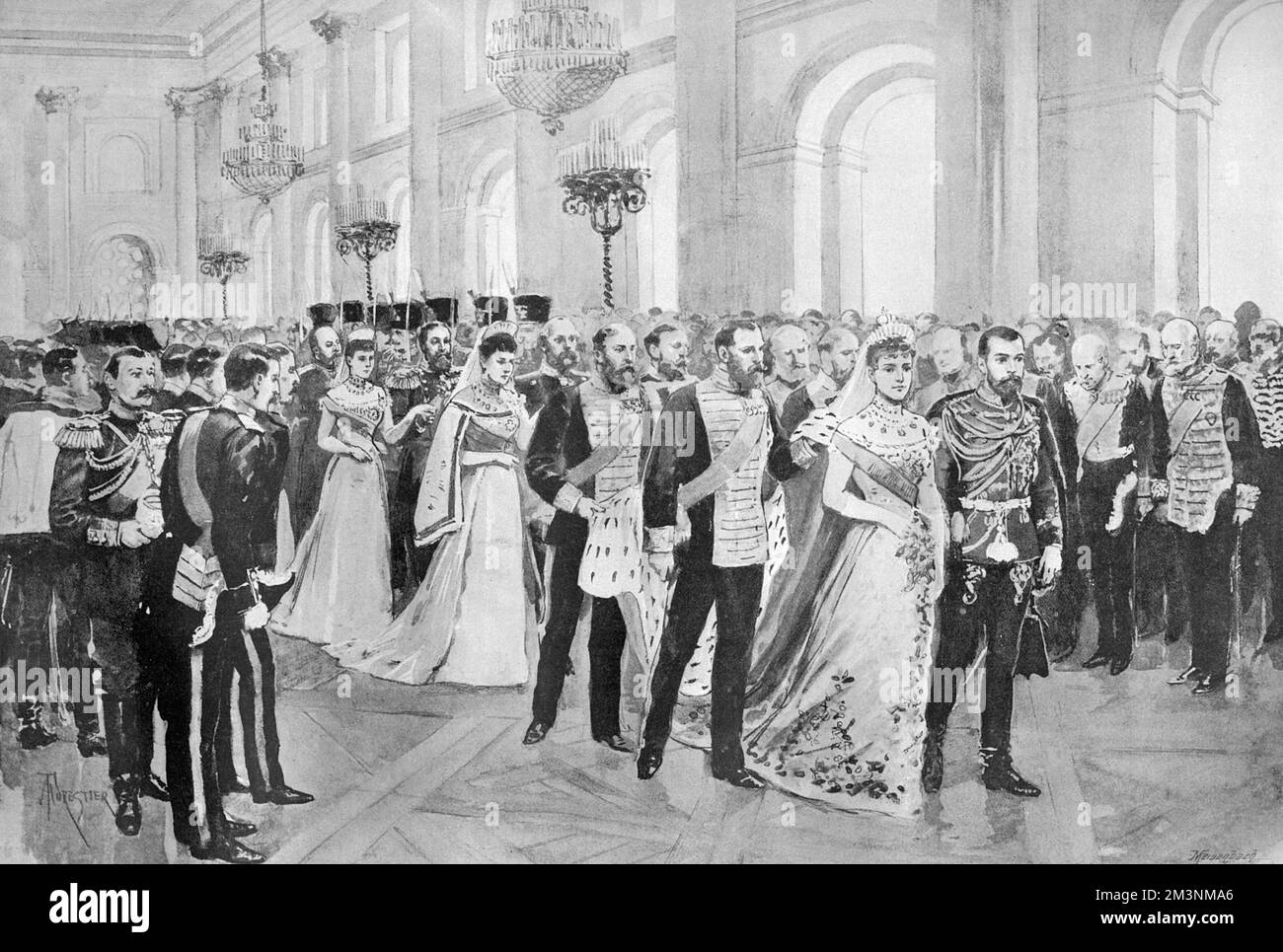 Die Prozession zur Kapelle im Winterpalast während der Hochzeit von Zar Nicholas II. Und Großherzogin Alexandra Feodorowna, Prinzessin Alix von Hessen. Datum: 26.. November 1894 Stockfoto