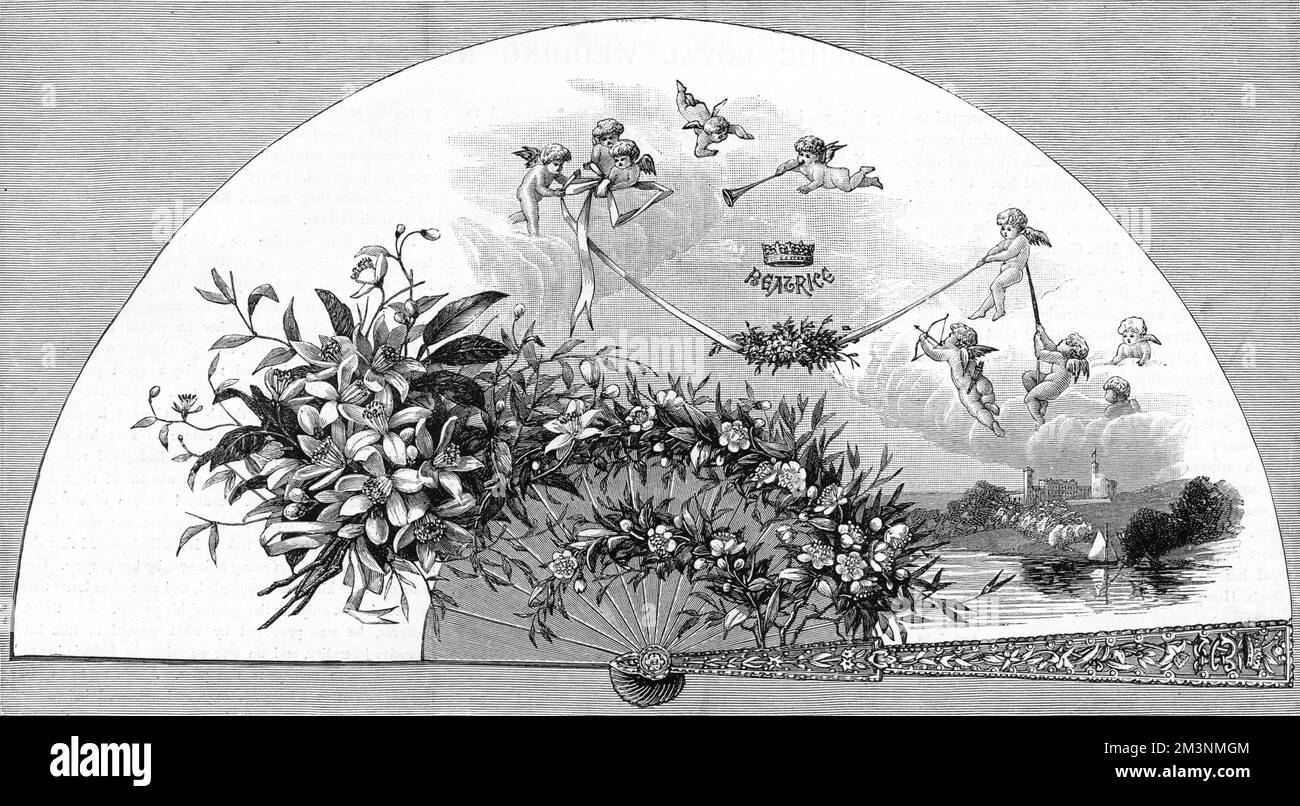 Ein wunderschön gefertigter Fan, den Königin Victoria ihrer Tochter Prinzessin Beatrice anlässlich ihrer Hochzeit mit Prinz Heinrich von Battenberg schenkte. Datum: 1885 Stockfoto
