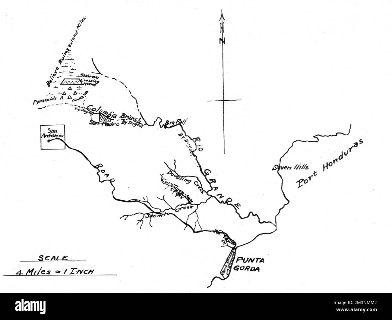 Eine zerstörte Maya-Stadt Lubaatun auf dem Columbia-Zweig des Rio Grande, British Honduras (heute Belize). Entdeckt im Jahr 1924, wurde die Stadt von den Archäologen vor ihrer Abreise „Lubaatun“ getauft, was in der Maya-Sprache „Ort der gefallenen Steine“ bedeutet. Datum: 1924 Stockfoto