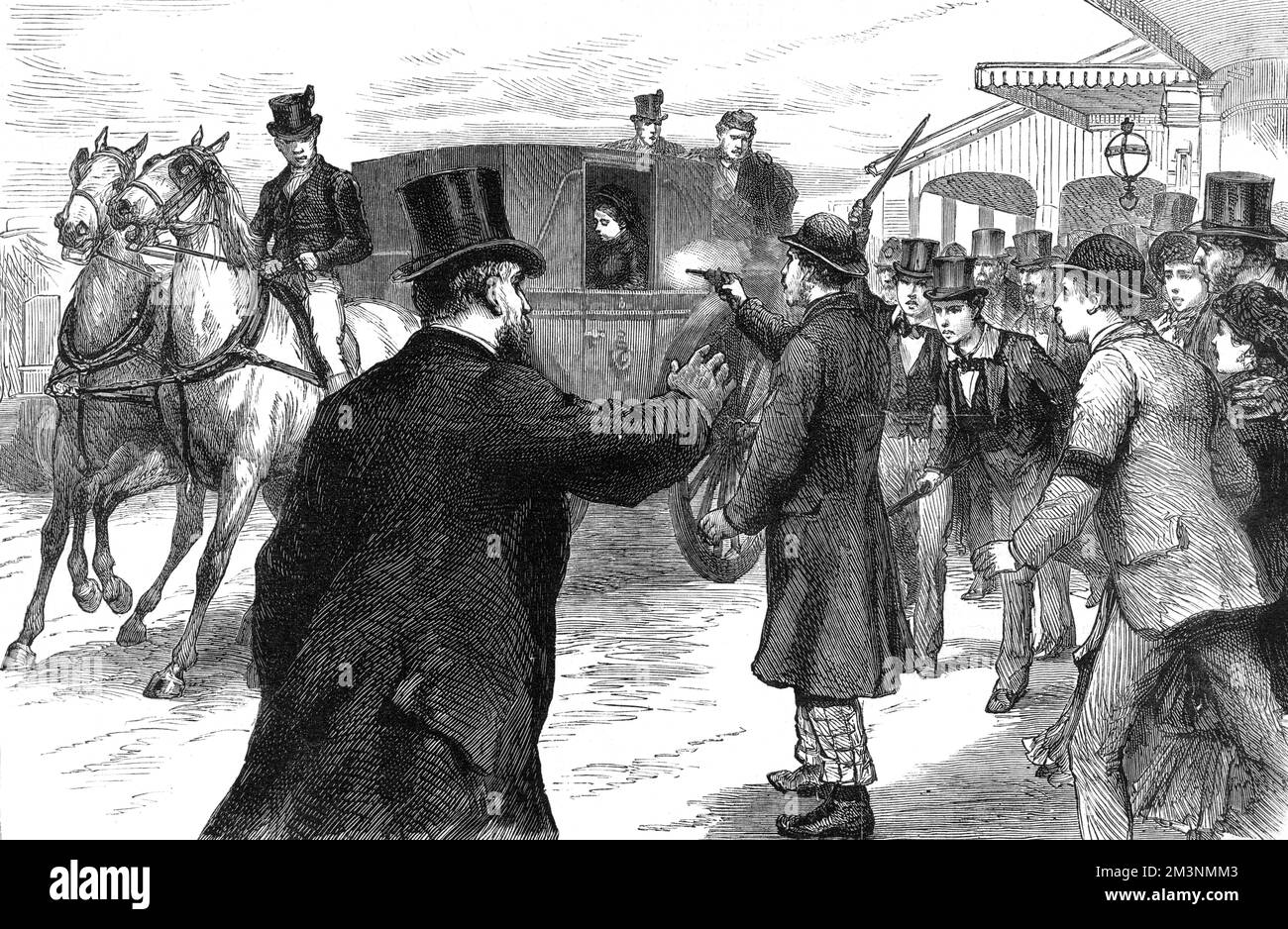 Roderick MacLean zielt mit seiner Pistole auf Königin Victoria, während sie Windsor in ihrer Kutsche passiert, wird aber verhaftet und verbringt den Rest der Tage im Broadmoor Asylum. Datum: 2.. März 1882 Stockfoto