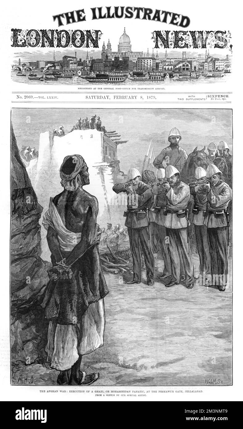 Der afghanische Krieg: Hinrichtung eines Ghazi oder muslimischen Fanatikers am Peshawur oder Osttor von Jellalabad. Die Rifle Brigade bildete die Schießerei, mit Holzbündeln für die sofortige Einäscherung der Leiche. Datum: 23.. Dezember 1878 Stockfoto