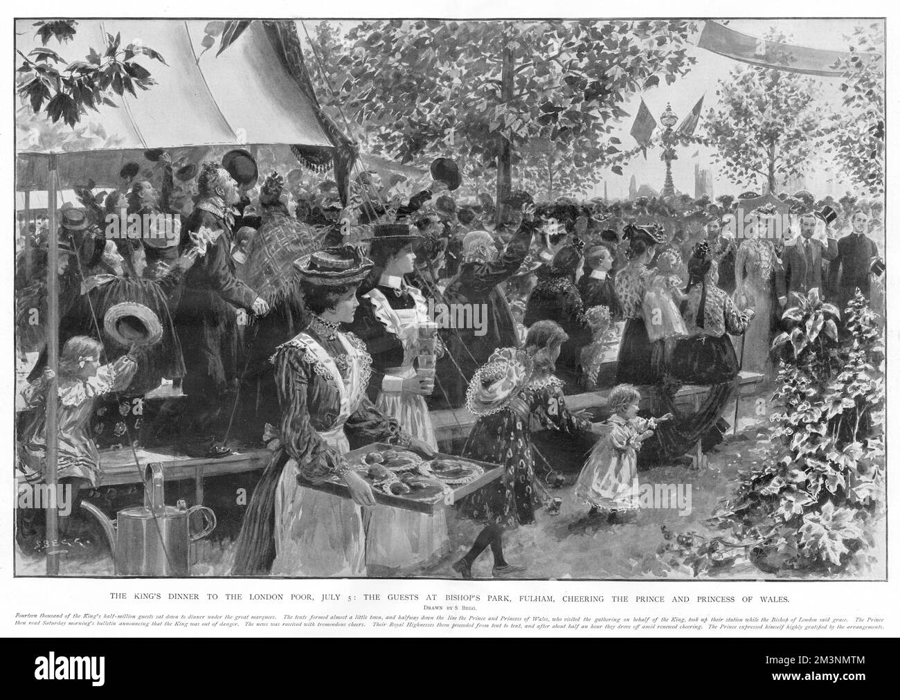 Gäste im Bishop's Park jubeln den Prinzen und die Prinzessin von Wales an, wenn sie am 5.. Juli 1902 zum King's Dinner im London Poor ankommen. Datum: Juli 1902 Stockfoto
