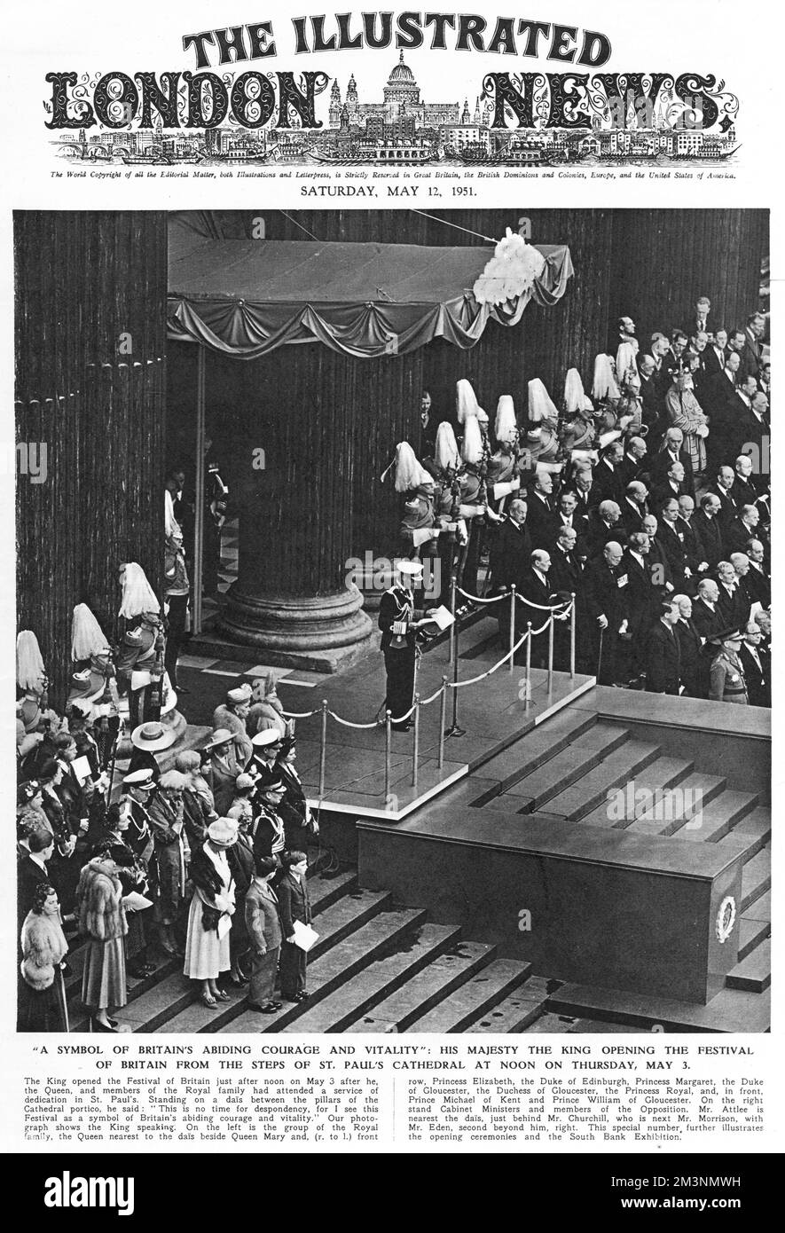 King George VI. Eröffnet das Festival of Britain auf den Stufen der St Paul's Cathedral, City of London, am Donnerstag, den 3. Mai 1951 um 12.00 Uhr. Auf den Stufen auf der linken Seite sehen Sie seine Frau Queen Elizabeth, seine Tochter Prinzessin Elizabeth und den Herzog von Edinburgh, seine zweite Tochter Prinzessin Margaret und seine Mutter Queen Mary. Zu den Politikern auf der rechten Seite gehören Winston Churchill, Herbert Morrison, Anthony Eden und Clement Attlee. Datum: 3. Mai 1951 Stockfoto
