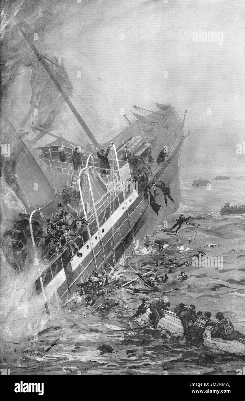 Wrack of the Stella on the Casquet Rocks am 30.. März 1899. Das Schiff segelte von Southampton aus, als es zwischen den Felsen des Casquet gefangen wurde und ihr Boden aufgebrochen wurde. Das Schiff sank in Minuten. Datum: 30.. März 1899 Stockfoto
