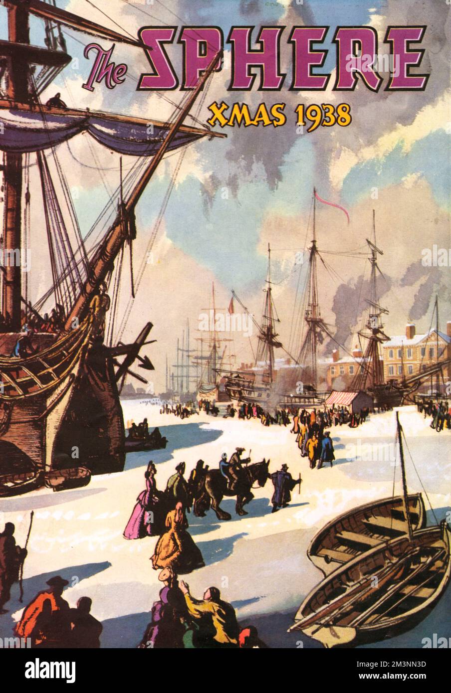 Titelseite des Magazins Sphere für Weihnachten 1938 mit einer Abbildung der Themse, die 1683 gefroren wurde. Der Fluss war lange genug gefroren, damit die berühmte Frostmesse stattfinden konnte, auf der sich Bauhalter und Entertainer auf dem Eis niederließen. Datum: 1938 Stockfoto