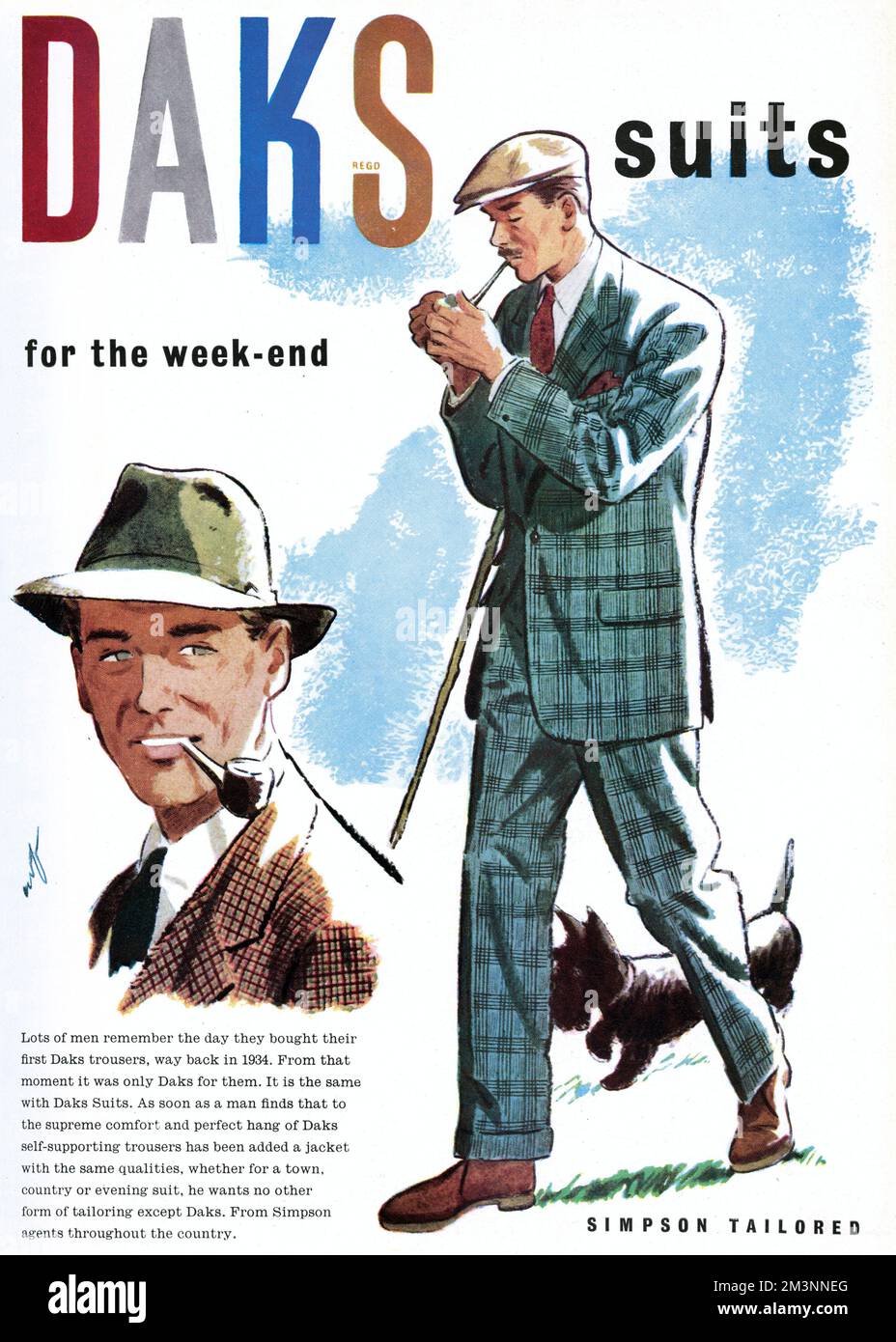 Werbung für DAKS-Anzüge mit ein paar Kerlen, die karierte Anzüge und Rauchpfeifen tragen. Datum: 1951 Stockfoto