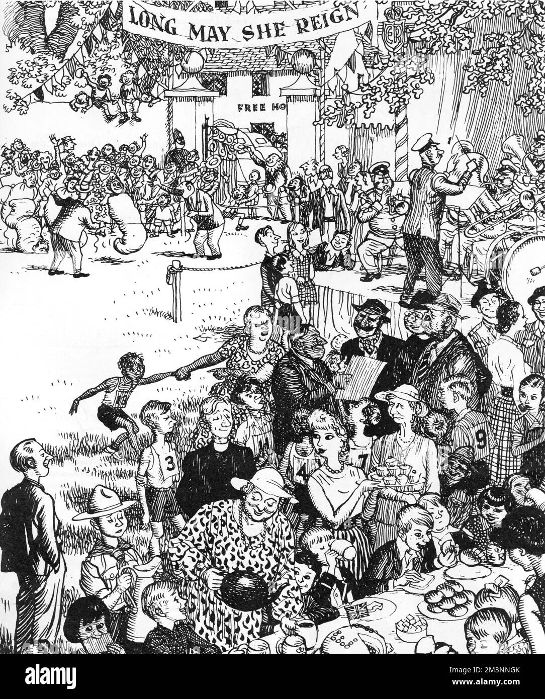 Eine lebhafte Dorfgemeinde feiert die Krönung von Königin Elizabeth II. Mit Spielen, einer Messingband und natürlich einer köstlichen Teeparty für Kinder. Datum: 1953 Stockfoto