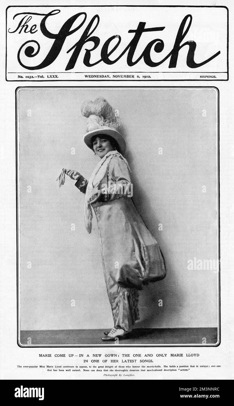 Marie Lloyd, geboren Matilda Alice Victoria Wood (1870 - 1922), britische Musiksängerin, Entertainerin und Comedienne. Eine Superstar-Weltmeisterin zu ihrer Zeit, die das höchste Gehalt eines Entertainers bestritt. Abbildung auf der Titelseite des Magazins Sketch im November 1912. Datum: 1912 Stockfoto