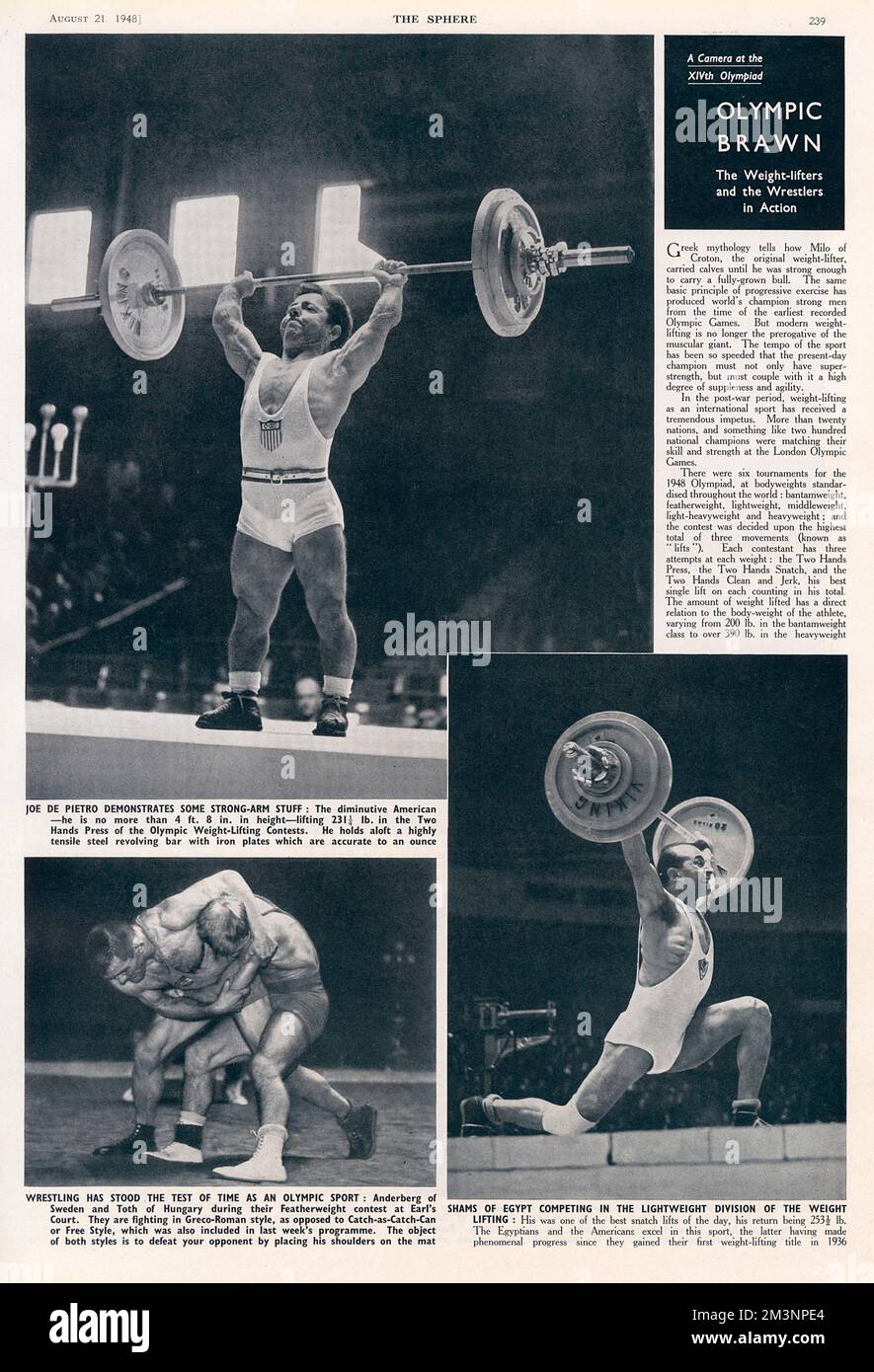 Diese ganze Seite der Sphäre zeigt die Gewichtheber Joe de Pietro von Amerika (oben) und Shams von Ägypten (unten rechts) sowie die Wrestler Anderberg von Schweden und Toth von Ungarn. Datum: 1948 Stockfoto