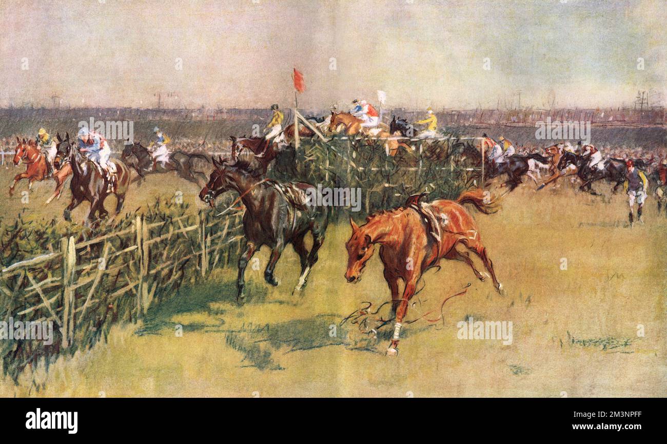 Das Steeplechase-Pferderennen, der Grand National, findet in Aintree, Liverpool, statt und zeigt die Kanalwende, die viel Nervenkitzel und Nervenkitzel bietet, wie die Reiterlosen in der Mitte des Bildes zeigen. Datum: 1930 Stockfoto