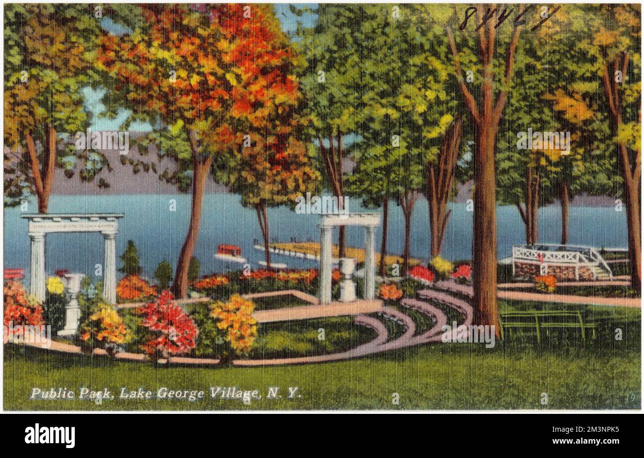 Öffentlicher Park, Lake George Village, N. Y. , Parks, Tichnor Brothers Collection, Postkarten der Vereinigten Staaten Stockfoto