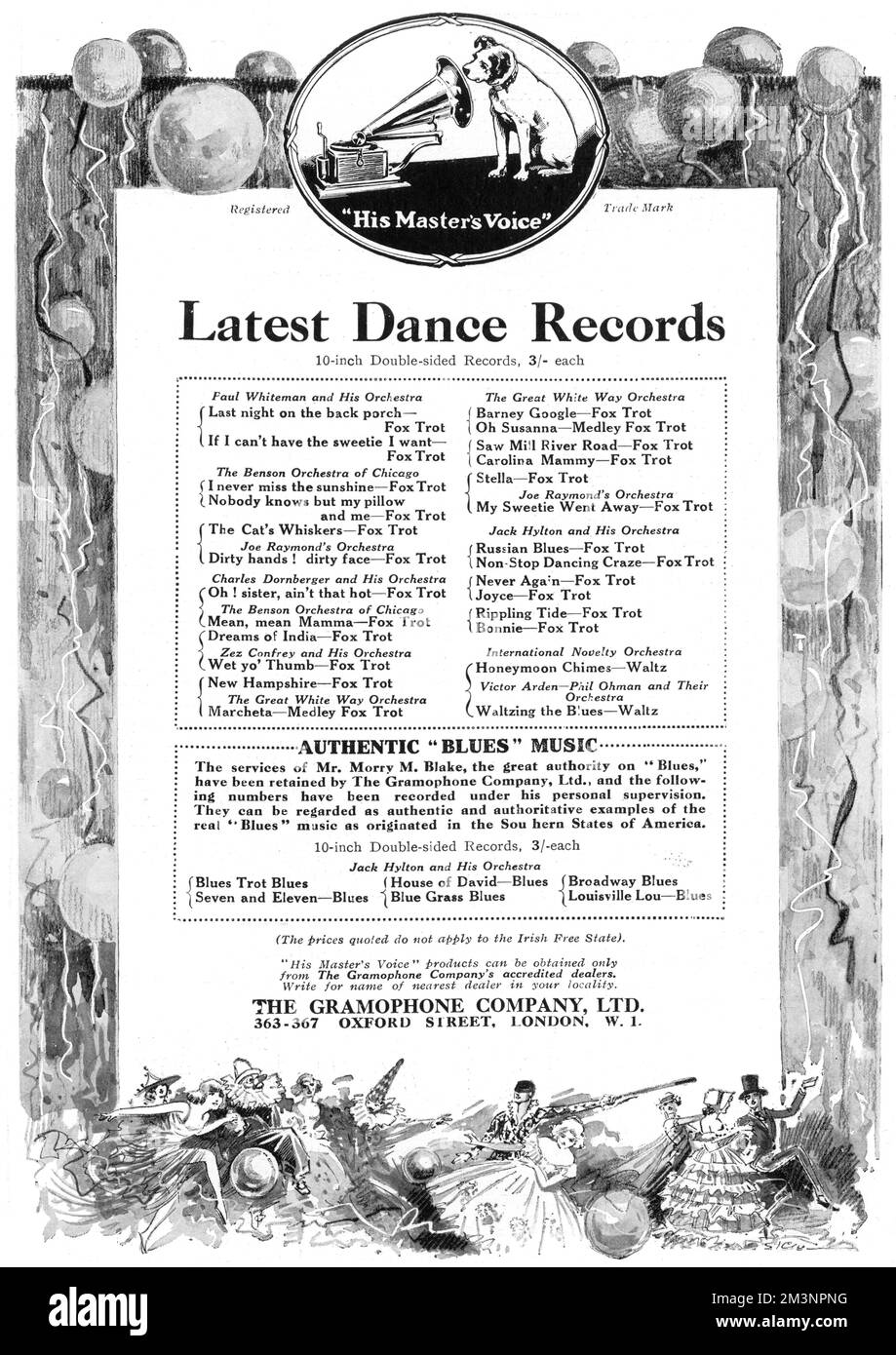 Eine Anzeige für die neuesten doppelseitigen 10-Zoll-Platten von der Gramophone Company. Datum: 1923 Stockfoto