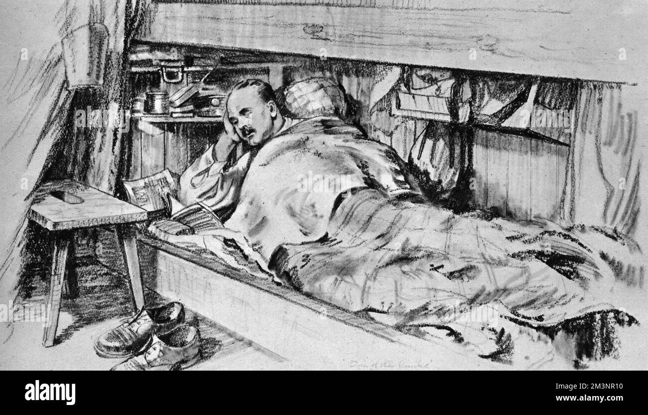 Skizze von Lieut. J. F. Watton zeigt einen britischen Offizier, der in einer Koje schläft, im Gefangenenlager Oflag VII C/H. Es ist eines von mehreren Bildern, die Watton skizziert hat und einen interessanten Einblick in das Leben britischer Kriegsgefangener in einem deutschen Lager bietet. Datum: 1941 Stockfoto