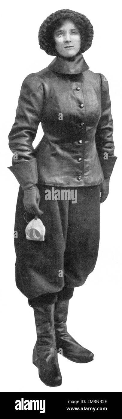 Ein Fluganzug der frühen Dame, entworfen von Herrn Dunhill, um die Kälte auszuschließen. Das Kostüm besteht aus einem geteilten Lederrock, dessen Extremitäten in die Oberteile der hoch geknöpften Stiefel und eine Lederjacke gesteckt sind. Datum: 1909 Stockfoto
