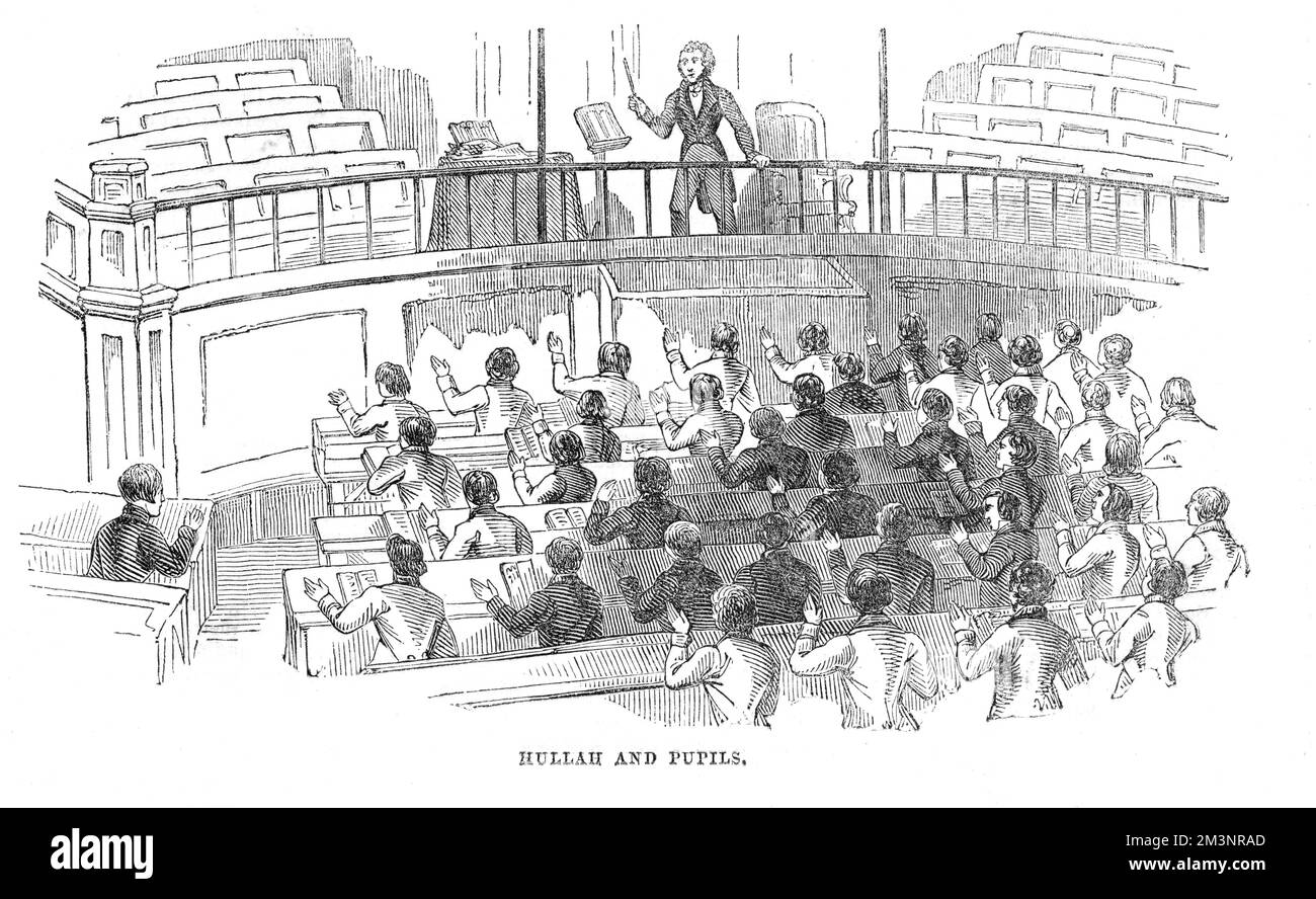 John Pyke Hullah (1812-1884), englischer Komponist und Musiklehrer, mit seinen Schülern beim zweiten großen Chortreffen in Exeter Hall im Jahr 1842. Hullah hier verwendet das Wilhelm-Musiksystem manueller Schilder. Datum: 1842 Stockfoto