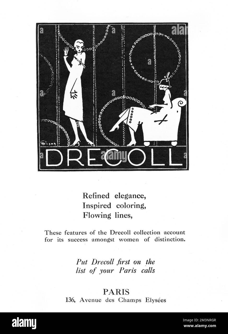 Ein Werbespot für das Modehaus Drecoll, das 1902 von Baron Christoff von Drecoll gegründet wurde und „raffinierte Eleganz, inspirierte Farben, fließende Linien“ bietet. Die Models tragen die typischen 20-er-Outfits aus tief geschnittenen Kitteln und Glockenhüten. Datum: 1925 Stockfoto