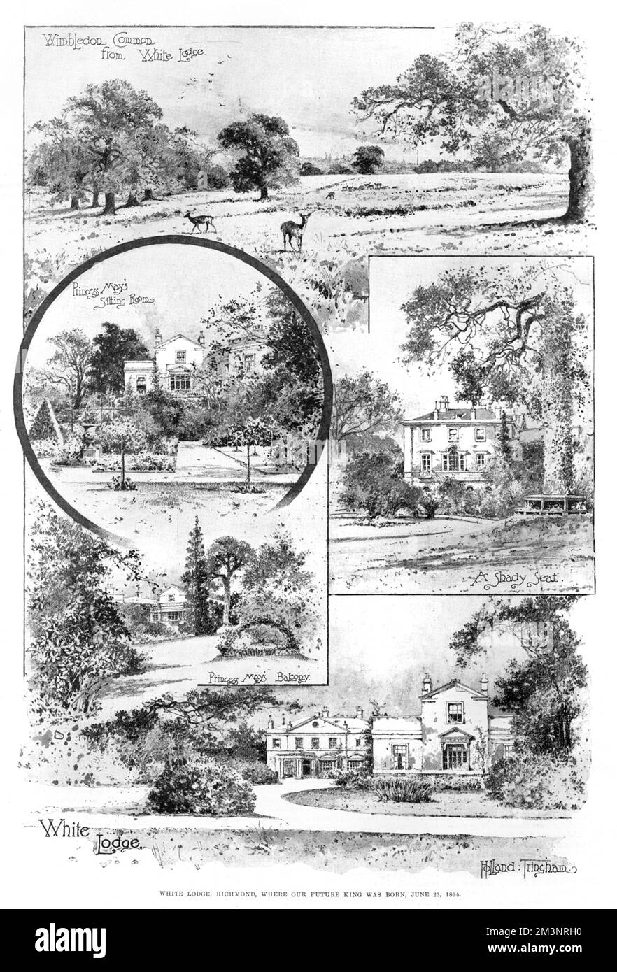 White Lodge, Richmond Park, wo Edward VIII, später Herzog von Windsor, 1894 geboren wurde. Blick auf Wimbledon Common, einen schattigen Sitz und Prinzessin Mays Balkon und Wohnzimmer. Datum: 1894 Stockfoto