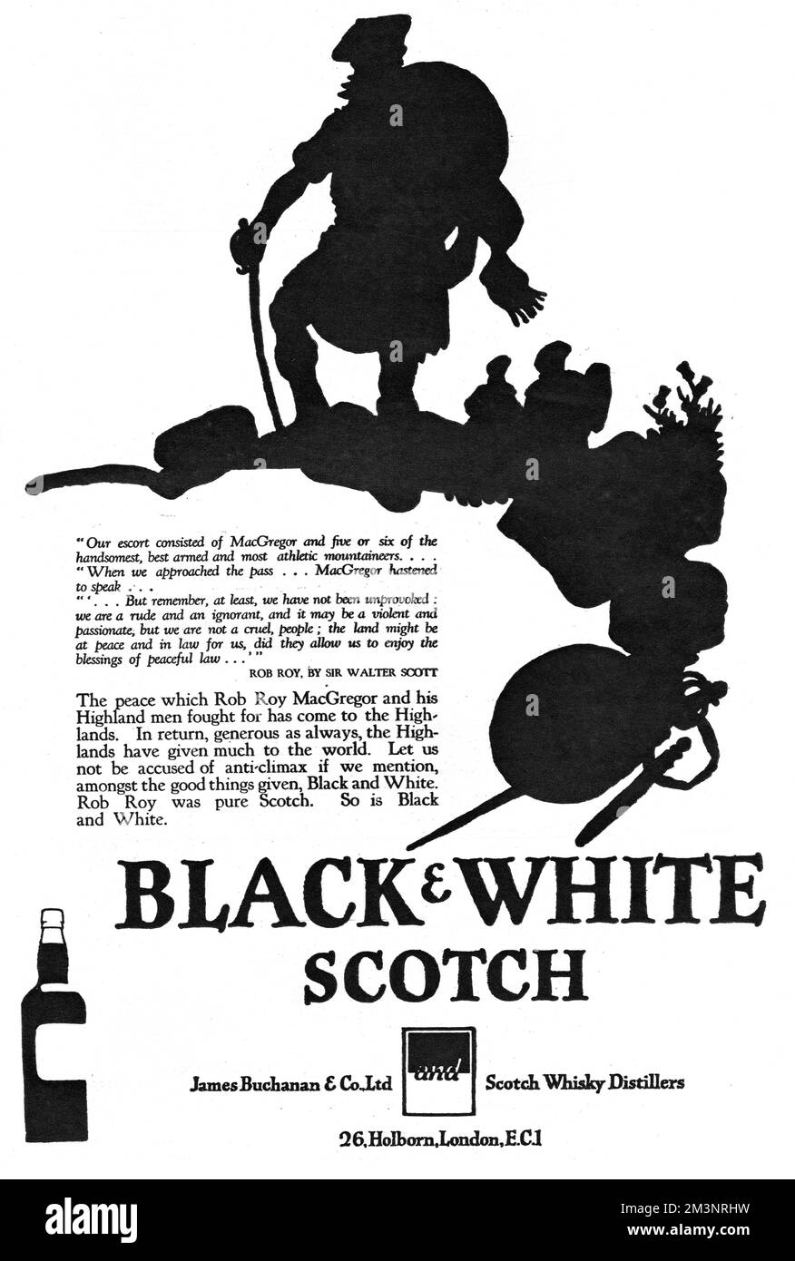 Werbung für Black &amp; White Scotch Whisky mit einer feinen Silhouette von Rob Roy MacGregor und einem Zitat von „Rob Roy“ von Sir Walter Scott. Datum: 1927 Stockfoto