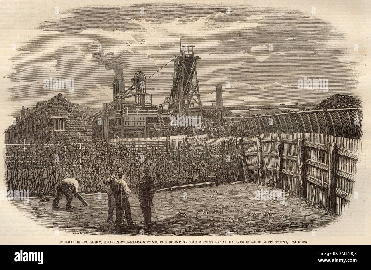 Burradon Colliery, nahe Newcastle : die Mündung der Grube kurz nach der tödlichen Explosion, bei der 76 Männer und Jungen ums Leben kamen. Datum: 2.. März 1860 Stockfoto