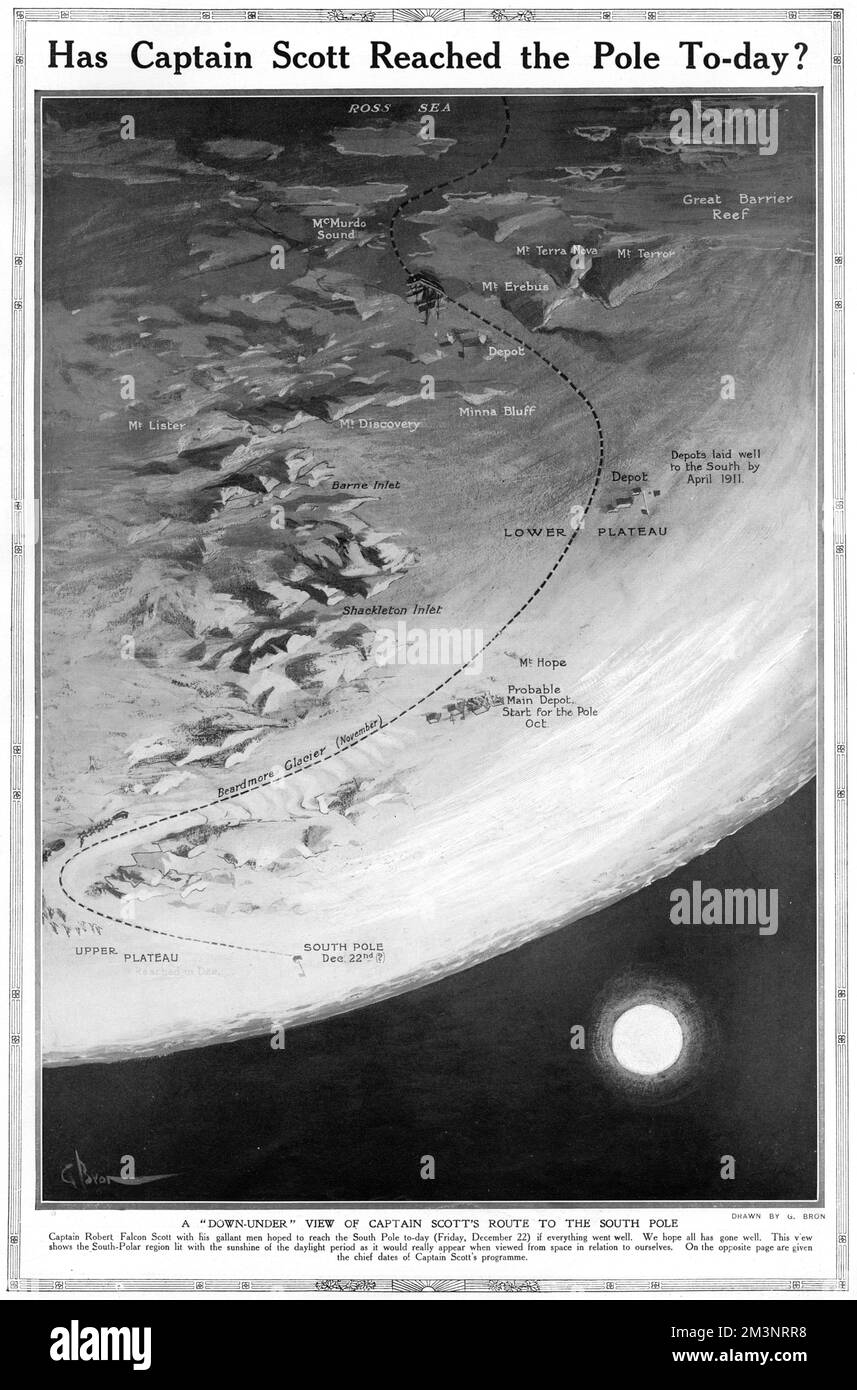Page aus dem Sphere Magazin spekulierte, ob Captain Robert Falcon Scott und sein Polarforschungsteam im Dezember 1911 wie geplant den Südpol erreicht hatten, mit einem Diagramm, das seine Route durch die Antarktis zeigt. Tatsächlich hatte der norwegische Roald Amundsen am 14.. Dezember zuerst den Pol erreicht, und Scott und seine Kollegen sind auf der Rückfahrt im März 1912 ums Leben gekommen. Datum: 1911 Stockfoto