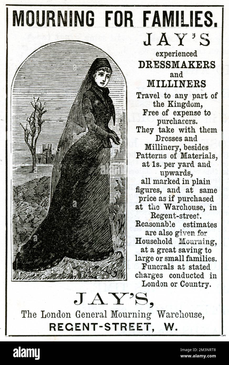 Eine Anzeige für Trauerkleidung für die ganze Familie aus Jays London General Trauerlager. 1884 Stockfoto