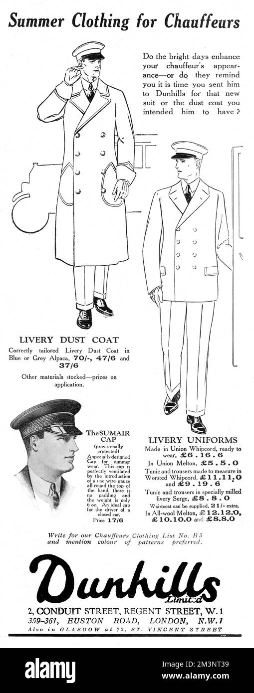 Werbung für Dunhills und insbesondere ihre Sommerkleidung für Chauffeure, darunter Staubmäntel, Uniformen und Sumair-Mützen. Datum: 1927 Stockfoto