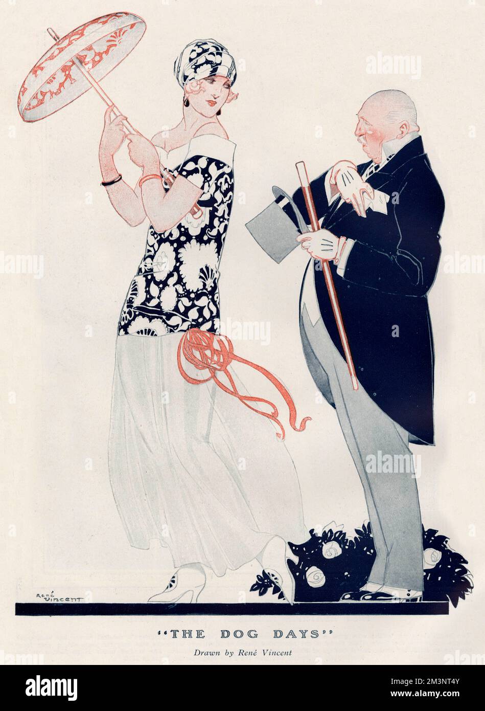 „The Dog Days“ Ein modischer älterer Mann in formellem Abendkleid und eine stilvolle Frau in leichter Kleidung, die an einem kochend heißen Sommertag grüßt. 1923 Stockfoto