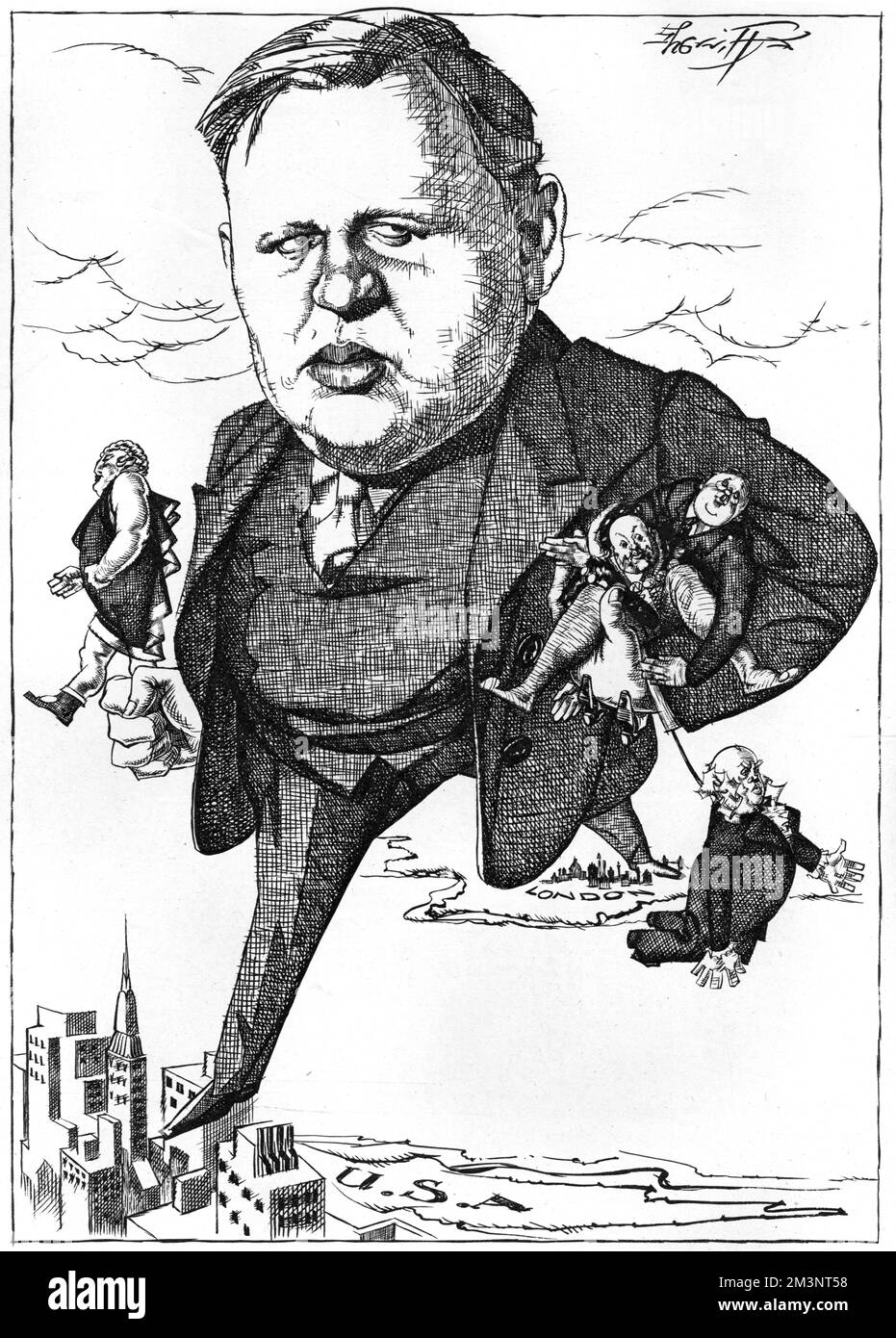 Karikatur von Charles Laughton (1899 - 1962), englischer Schauspieler der Bühne und des Leinwaschens. Das Bild zeigt seinen Erfolg im Vereinigten Königreich und in den USA auf dem Atlantik und hält sich an eine Reihe von Puppen, die die Figuren repräsentieren, die er gespielt hatte, darunter Henry VIII, Nero, der Mörder in "Payment Deferred" und Mr. Moulton-Barrett in "The Barretts of Wimpole Street". Datum: 1935 Stockfoto