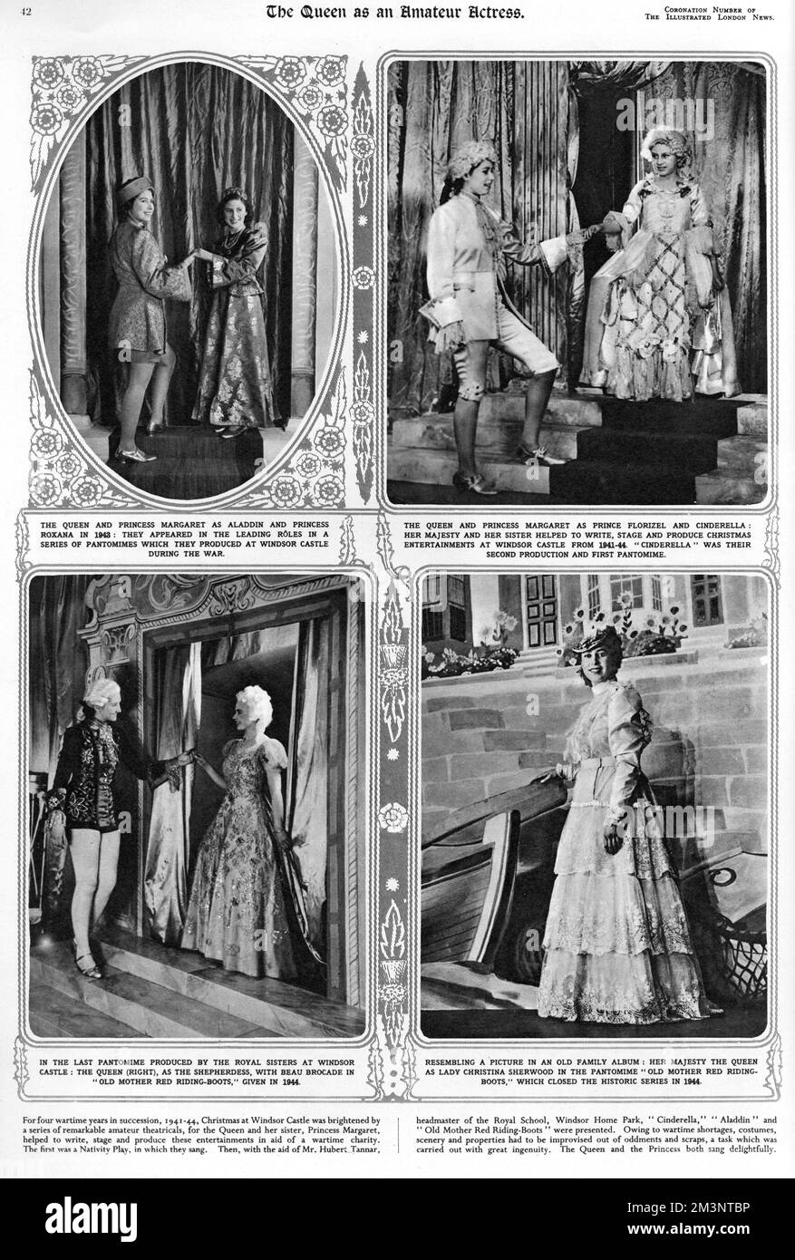 Seite aus der illustrierten London News Krönungsnummer, mit vier Fotos von Prinzessin Elizabeth und Prinzessin Margaret in Kostüm für das jährliche Windsor Castle Weihnachtspantomime, an dem sie von 1941 bis 1944 teilnahmen. Datum: 1940er Stockfoto