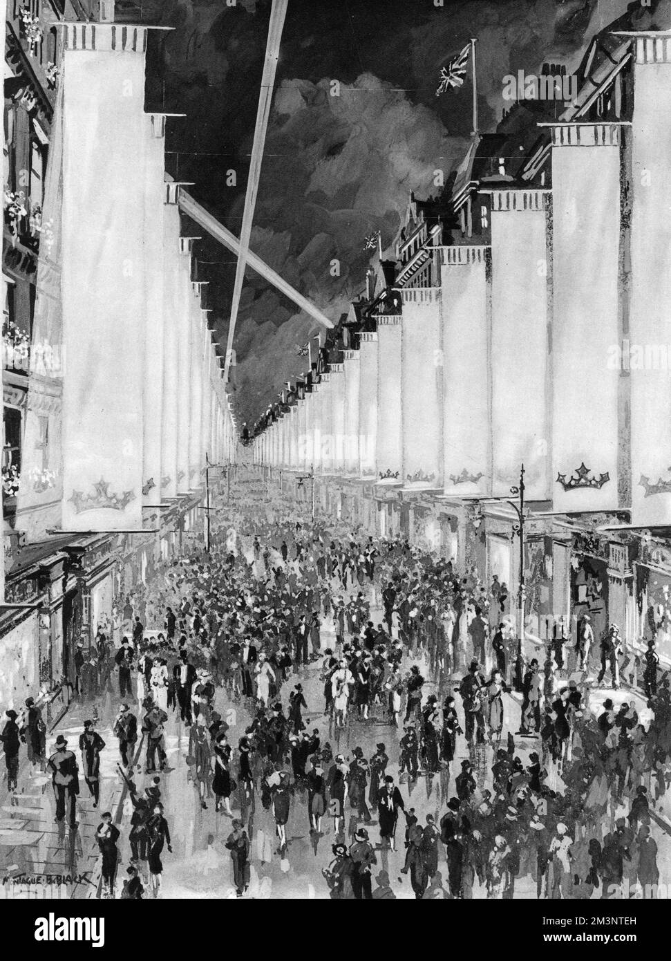 Die Bond Street hing mit weißen Bannern, die zur Feier der Krönung von König George VI. Im Mai 1937 beleuchtet wurden. Die weißen Banner, 30 mal 6 Meter, fielen bis auf 12 Meter vom Gehweg und hatten eine farbige Plantaganet-Krone am Fuß. Datum: 1937 Stockfoto