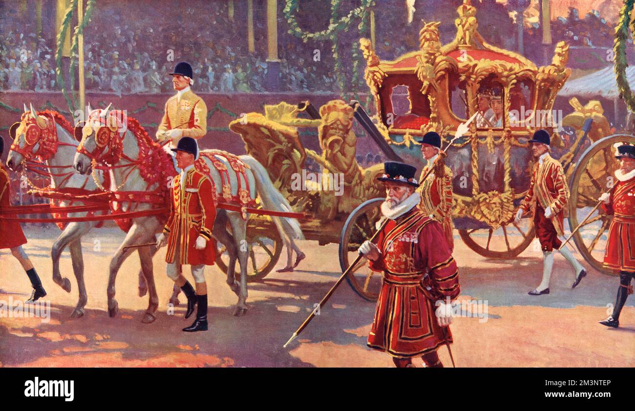 Der erste Blick auf König George VI. Und seine Gemahlin Queen Elizabeth, nachdem sie Westminster Abbey für die Prozessionsfahrt zurück zum Buckingham Palace verlassen hatten. Die Abbildung zeigt, wie ihre Majestäten gekrönte und mit Zeptoren tragende Zepter in der herrlichen goldenen Staatskutsche und begleitet von Yeoman von der Garde und anderen Aufsehern in rot-goldenen Lackierungen. Datum: 1937 Stockfoto
