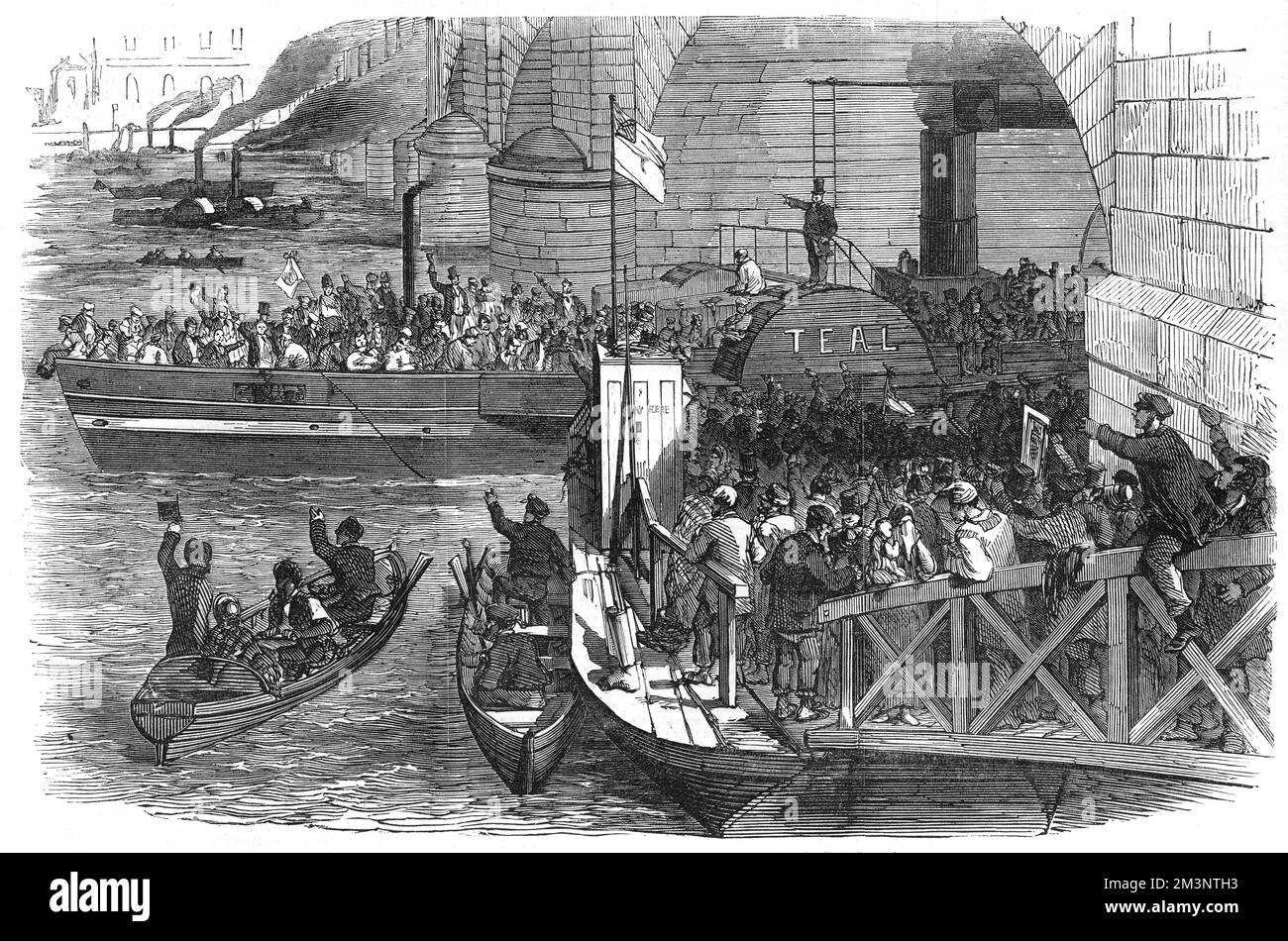 Abgang der Army Works Corp von der London Bridge auf die Krim. Etwa 450 Männer, bestehend aus Mechanikern und Arbeitern, begaben sich auf zwei Wasserdampfer, die sie zum Dampfschiff Hansa vor Greenhithe brachten. 1855 Stockfoto