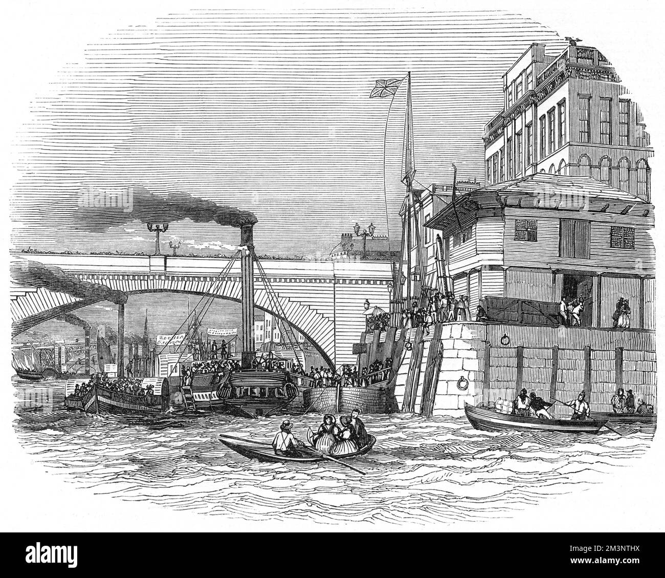 Dampfkai an der London Bridge an der Themse. London Bridge Wharf ist der Hauptpunkt für die Herne Bay und Margate Dampfboote. 1844 Stockfoto