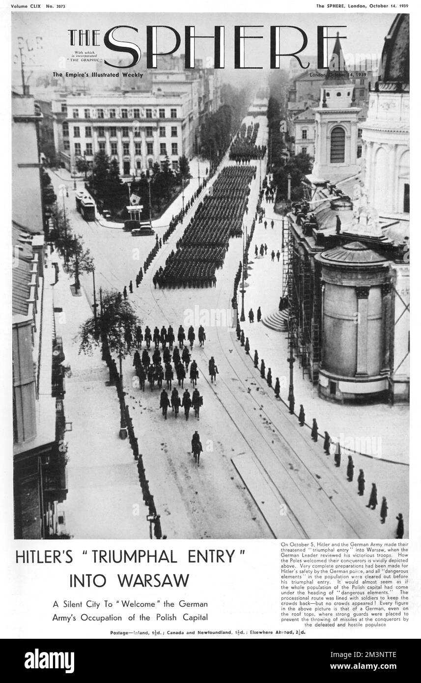 Die deutsche Armee betritt die stille Stadt Warschau für eine Triumphprozession, in der absolut niemand der polnischen Bevölkerung anwesend ist. Datum: 1939 Stockfoto