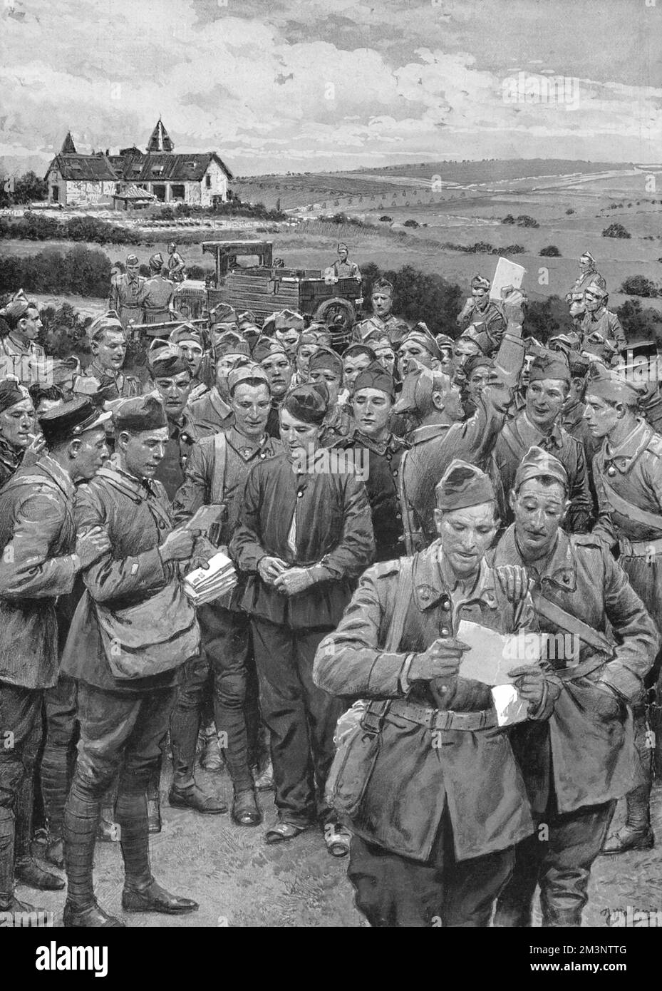 Französische Soldaten erhalten Post, Briefe werden vor Ort in Aufregung geöffnet. Die französische Armee, die hier vom Spezialkünstler Fortunino Matania im nördlichen Teil vor der Maginot-Linie in dem reichen Ackerland mit Blick auf das industrialisierte Saar-Tal dargestellt wird. Datum: 1939 Stockfoto