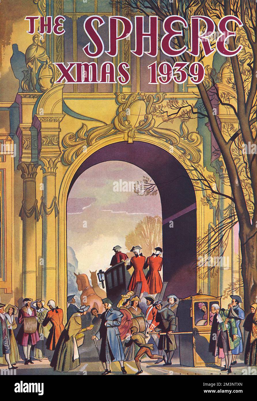 Innenbezug der Kugel Weihnachten Nr. 1939 mit einer Szene aus dem 18.. Jahrhundert mit Reisebussen, Sesseln und verschiedenen Menschen, die sich durch einen Zierbogen bewegen. Datum: 1939 Stockfoto