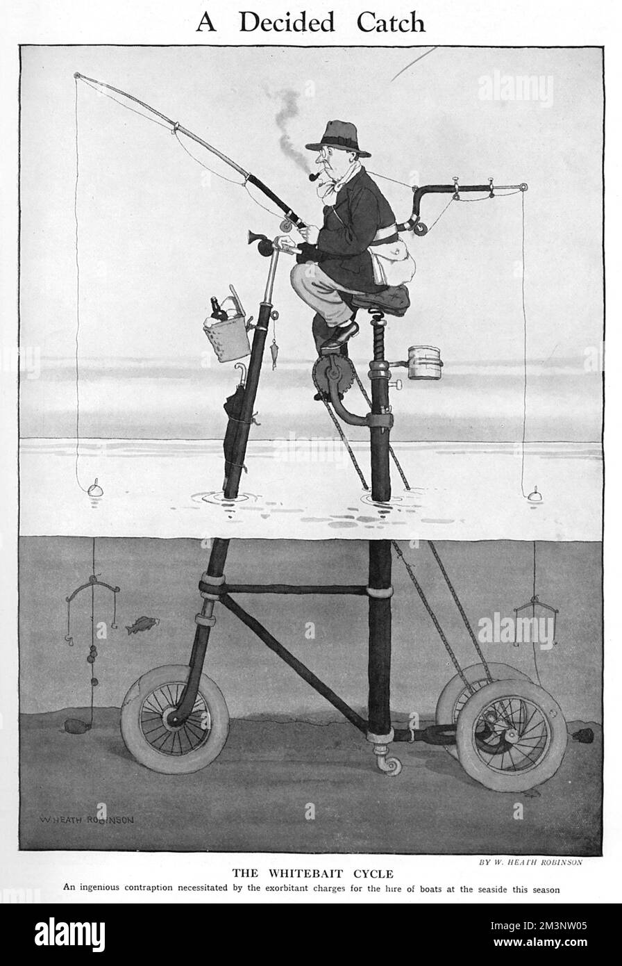 Das Whitebait-Fahrrad, ein geniales Gerät, das durch die exorbitanten Gebühren für die Anmietung von Booten an der Küste in dieser Saison erforderlich ist. Eine weitere brillante Erfindung des Gadget-Königs, William Heath Robinson, bekannt für seine verworrenen und verrückten Vorrichtungen. Datum: 1927 Stockfoto
