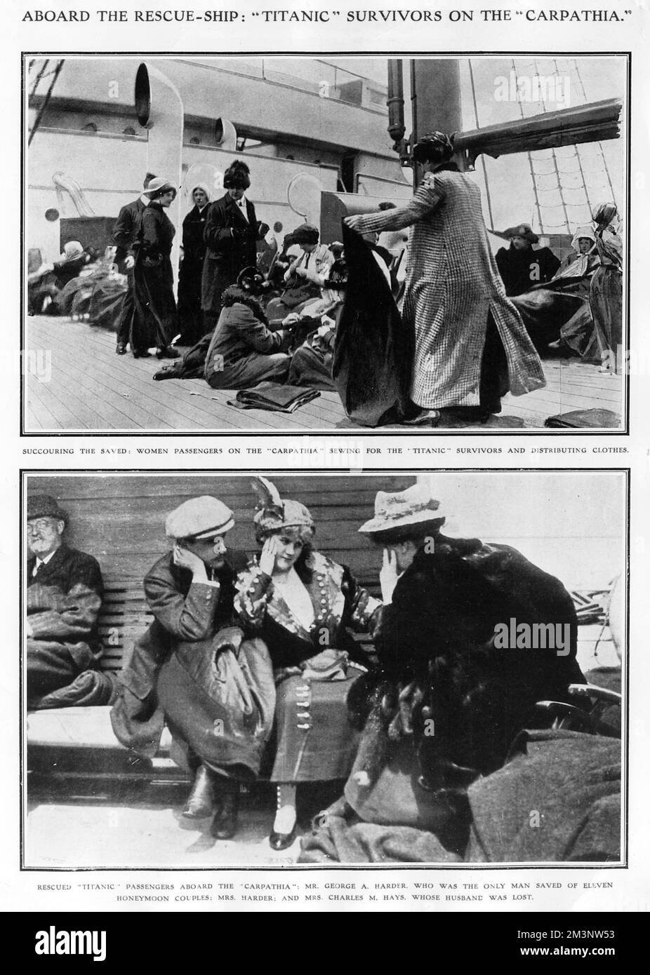 Überlebende der Titanic an Bord der Carpathia, dem Schiff, das Menschen rettete, die in Rettungsbooten geflohen waren. Das obere Bild zeigt weibliche Passagiere, die für die Überlebenden nähen und Kleidung verteilen. Das untere Bild zeigt Mr. George Harder, den einzigen Mann, der von elf Flitterwochen-Paaren zusammen mit seiner Frau gerettet wurde, und Mrs. Charles Hays, deren Ehemann, Präsident der Grand Trunk Railway, starb. Datum: 1912 Stockfoto