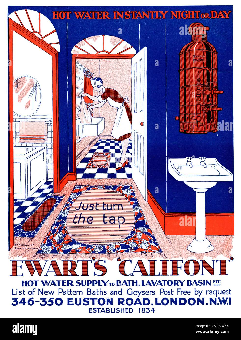 Werbung für Ewart's Califont Heißwasserversorgung, die Ihnen empfiehlt, einfach den Hahn zu drehen, um heißes, fließendes Wasser zu genießen. Neben einem Badezimmer wäscht ein Zimmermädchen in einem großen Butlerwaschbecken. Datum: 1927 Stockfoto