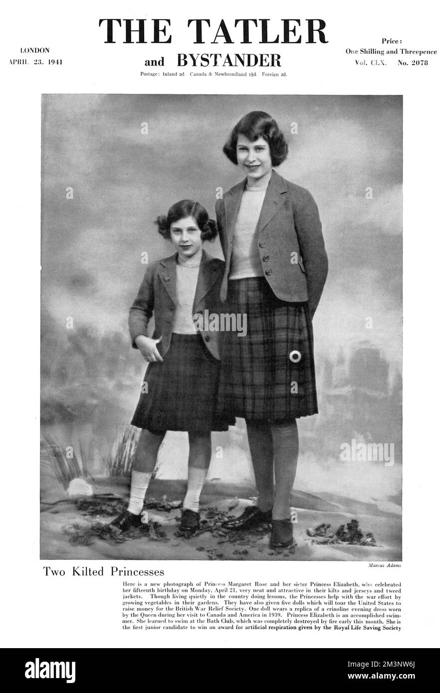 Prinzessinnen Elizabeth und Margaret, Sporttöpfe und Tweed-Jacken, fotografiert um die Zeit von Elizabeths 15.. Geburtstag. Datum: April 1941 Stockfoto