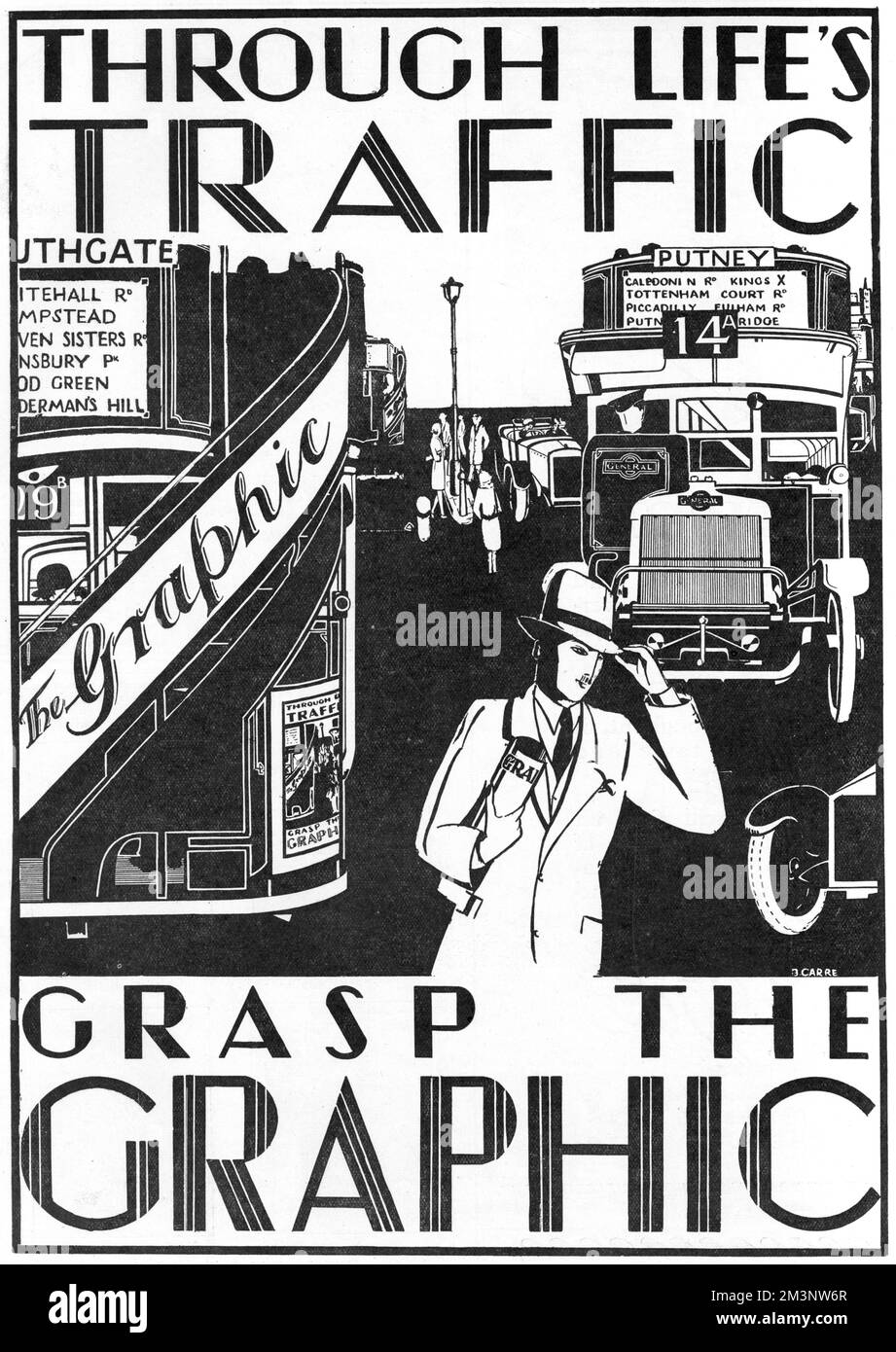 Die 1869 von William Luson Thomas gegründete Graphic ist eine eindrucksvolle Werbung für das wöchentliche illustrierte Magazin The Graphic, das eine geschäftige Straßenszene zeigt, in der Busse und Straßenbahnen für die Zeitung werben. Auf der Schlagzeile steht, durch Life's Traffic, Grab the Graphic. Veröffentlicht im Beisein, Schwesterpapier von The Graphic. Im darauf folgenden Jahr waren beide Publikationen von den illustrierten London News gekauft worden und wurden Teil der "Großen Acht". Datum: 1927 Stockfoto