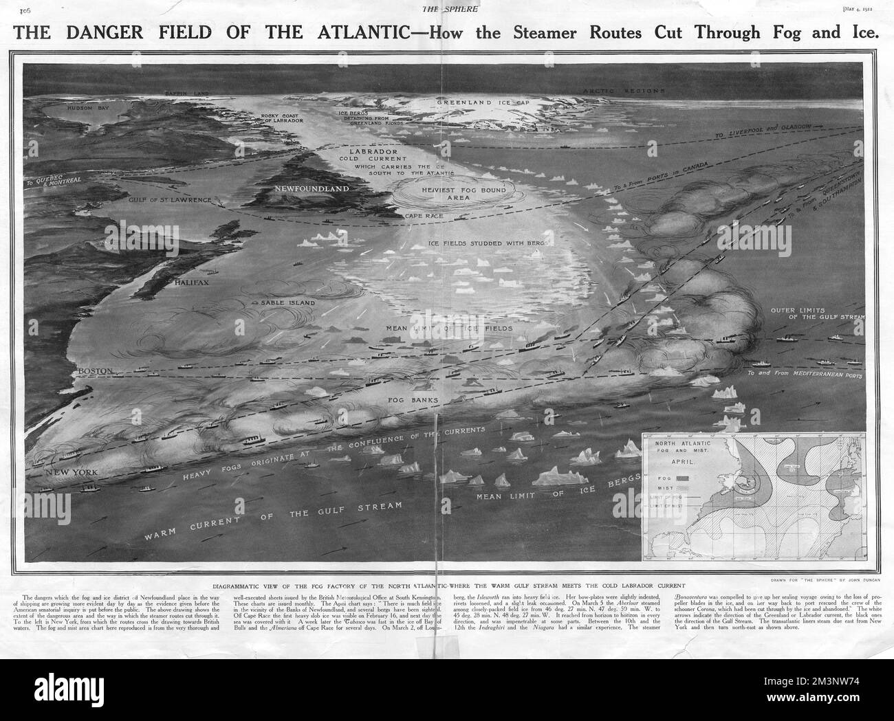 Ein Diagramm oder eine Karte, die das gefährliche Gebiet des Atlantischen Ozeans zeigt, auf dem die Dampfrouten durch Nebel und Eis verlaufen. Hier traf die Titanic am 15. April 1912 auf einen Eisberg und sank mit über 1500 Toten. Beschrieben hier in der Sphäre in ihrem Bericht über die Katastrophe als Nebelfabrik, aufgrund des warmen Golfstroms, der auf die kalte Labrador-Strömung trifft. Datum: 1912 Stockfoto