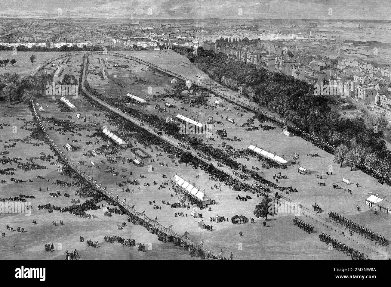 Eine Luftaufnahme, die die Jubiläumsversammlung von 30 000 Londoner Schulkindern im Hyde Park zeigt. Datum: 1887 Stockfoto