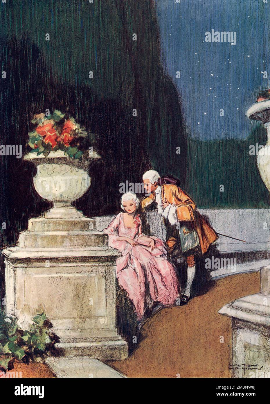 Twilight-Szene mit einem Paar aus dem 18.. Jahrhundert, das in einem Garten oder auf einem Balkon sitzt, mit dem Mann, der der Frau, die eine Perücke und ein rosa Kleid trägt, anscheinend süße Kleinigkeiten ins Ohr flüstert. Datum: 1927 Stockfoto