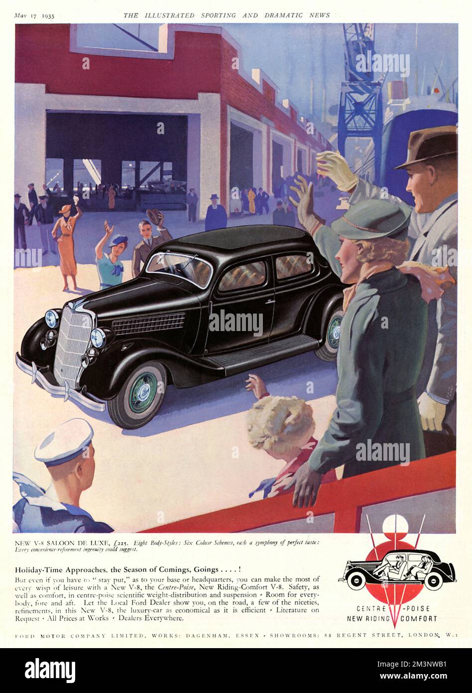 Werbung für Ford Motor Company Limited, in der eine schicke, schwarze V-8 Saloon de Luxe im Hafen angekommen ist, die alle Zuschauer dazu veranlasst, in Bewunderung zu winken. Datum: 1935 Stockfoto